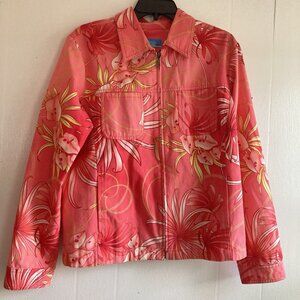 VTG Island Winds Cotton Jacket Coral Tropical Print Beachy Coastal Full Zip Sz L